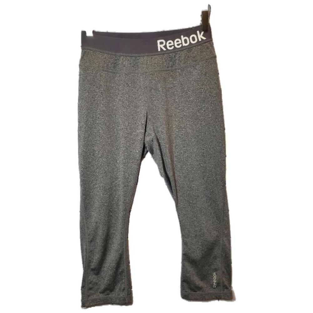 Reebok Ladies Heather Grey Cropped Leggings Wide Logo Waist